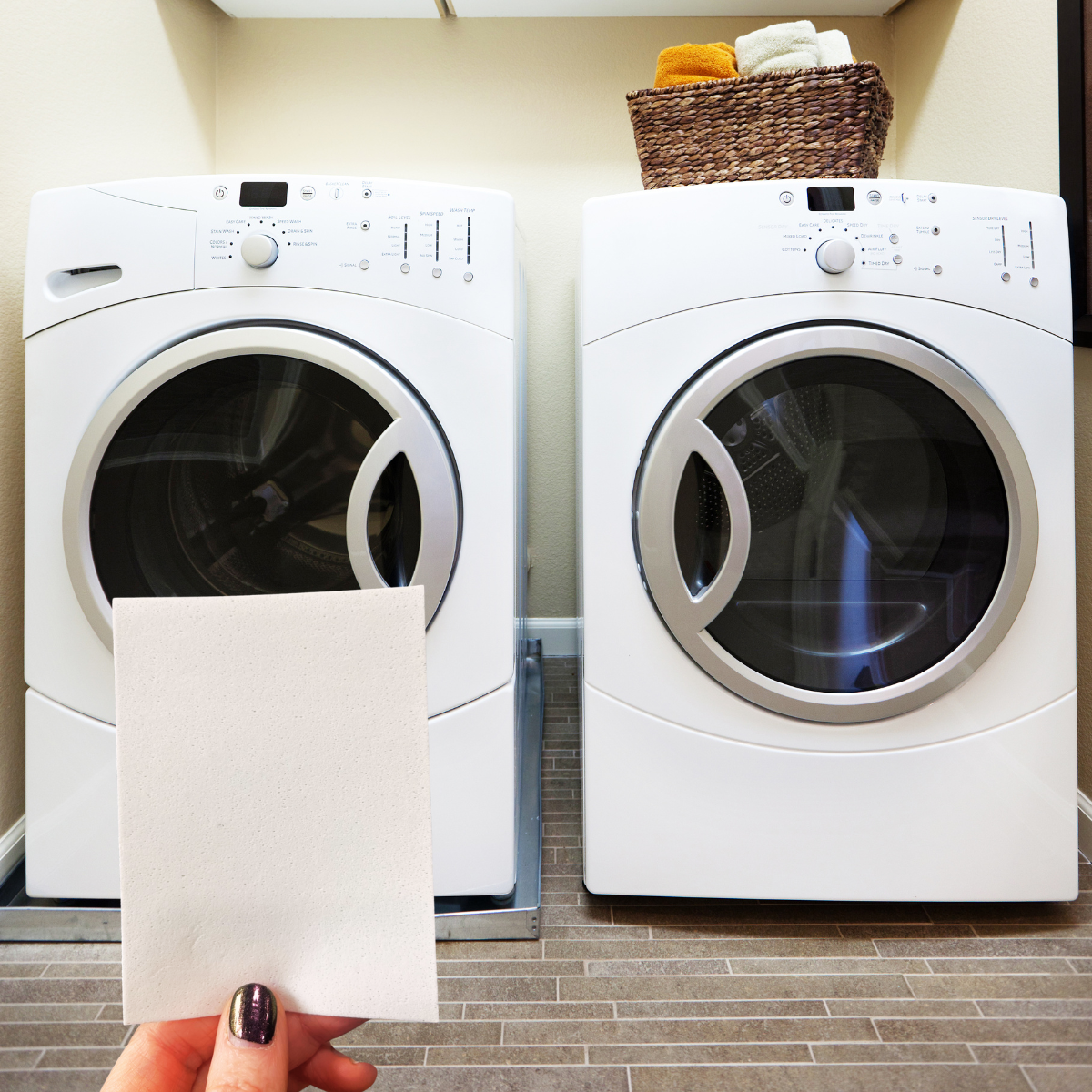 Eco-Friendly Laundry Detergent Sheet with washer and dryer.