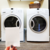 Eco-Friendly Laundry Detergent Sheet with washer and dryer.