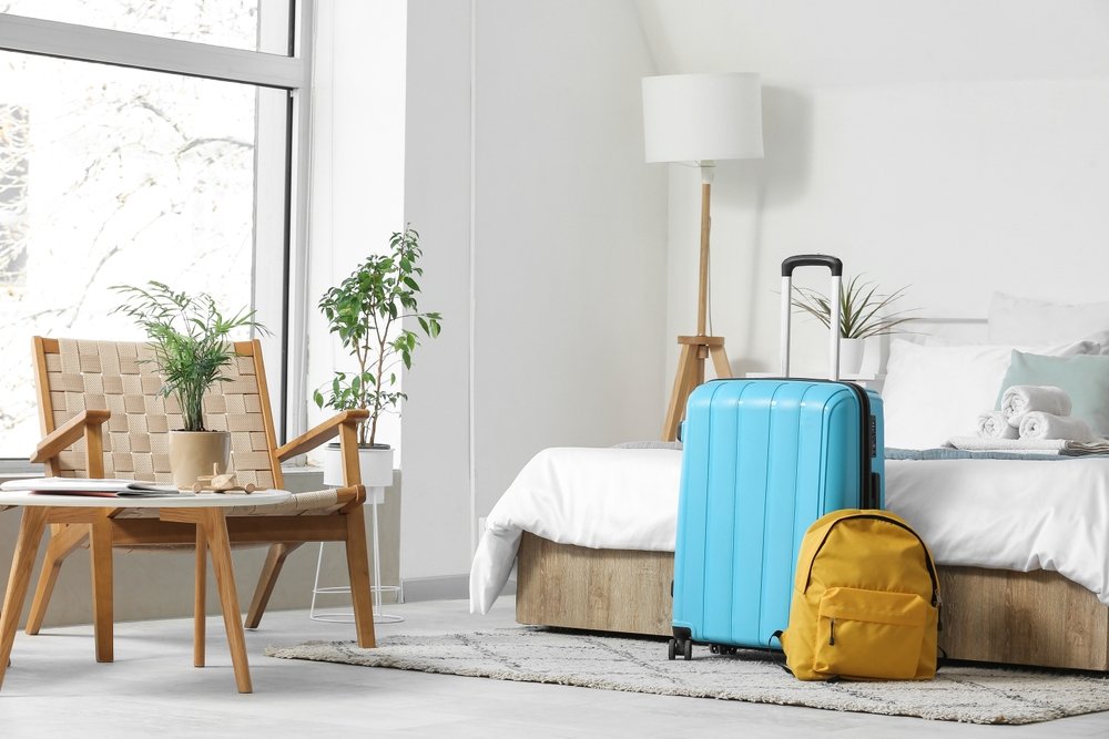 Suitcase in hotel room.